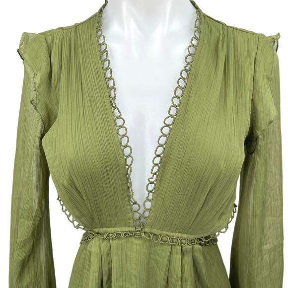ASOS Design Green V-Neck Cutout Back Long Sleeve Ruffle Mini Fit & Flare Dress 6 - Picture 3 of 5